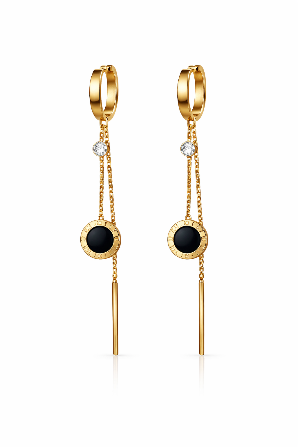 Gold drop earrings with onyx