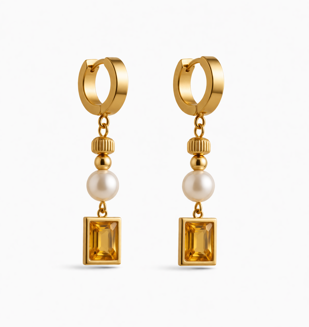 Luxury Pearl & Amber Gem Drop Hoop Earrings for Women