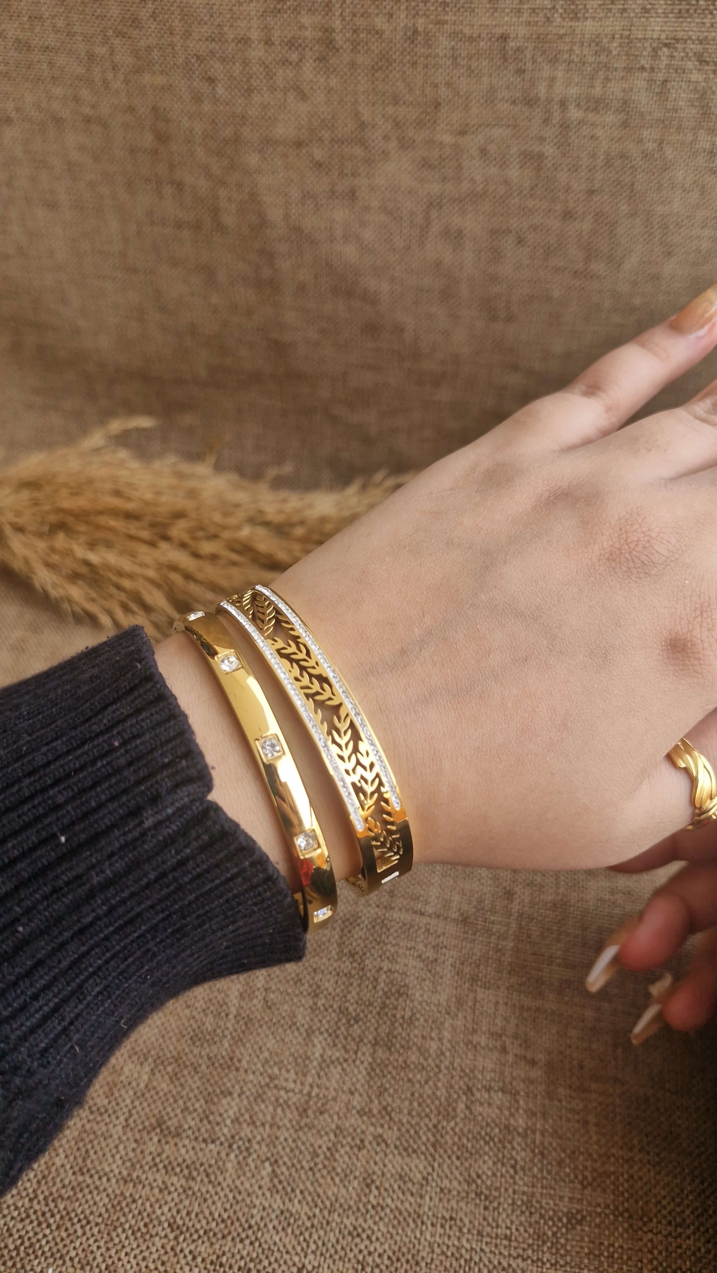 Leaf Engraved Crystal Gold Cuff Duo