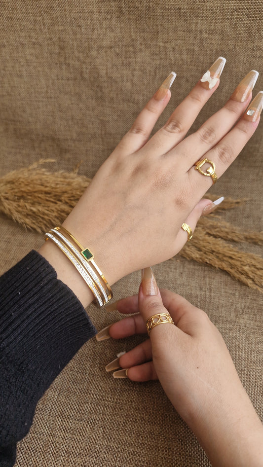 Emerald Solitaire Silver Gold Cuff Set