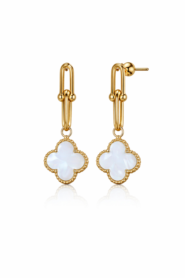 Gold Drop Clovery White Earrings