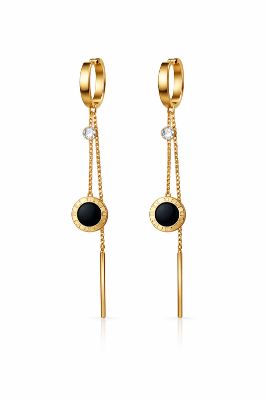 Gold drop earrings with onyx