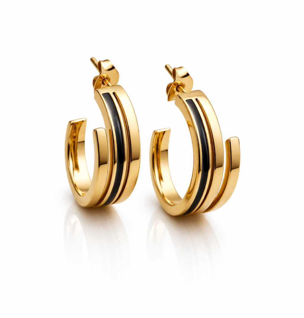 Gold Hoop Earrings with Black Inlay for Women