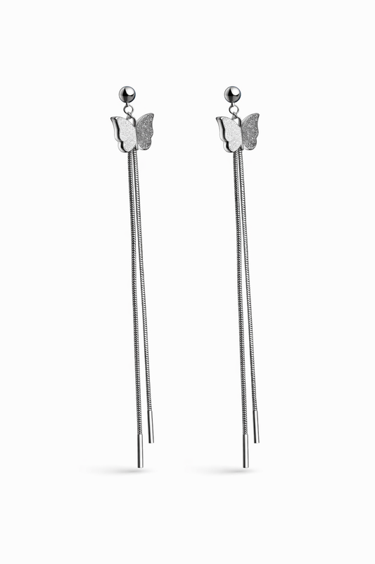 Silver Butterfly Tassel Drop Earrings